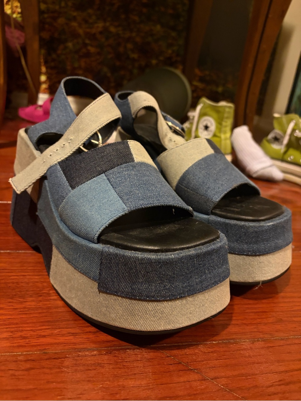 Current Mood Patchwork Denim Platform Sandal - Blue & Light Blue